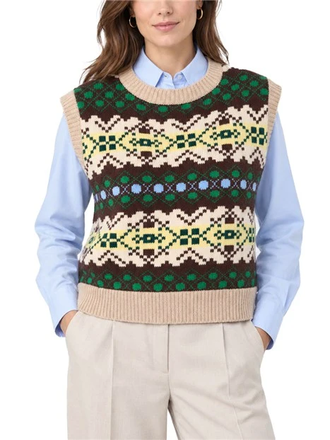 GILET BOXY IN PURA LANA CON JACQUARD NORDICO DONNA MARRONE