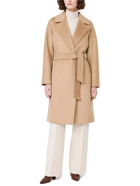 CAPPOTTO MIDI A VESTAGLIA IN PURA LANA DONNA MARRONE