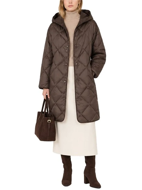 PIUMINO MIDI REVERSIBILE CON CAPPUCCIO E CINTURA DONNA MARRONE