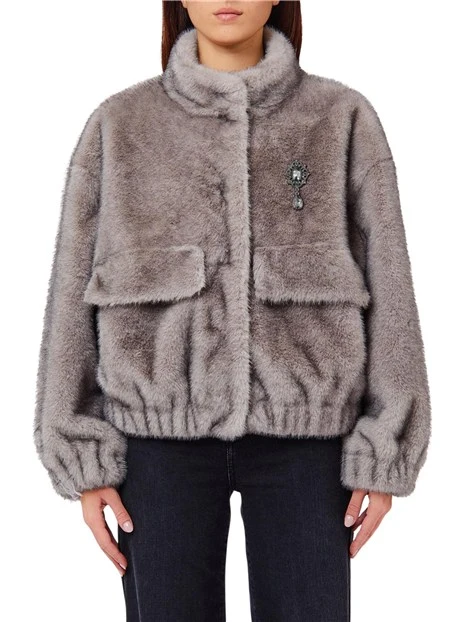CAPPOTTO CORTO IN ECO-PELLICCIA DONNA GRIGIO