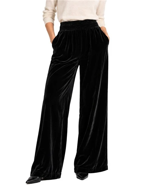 PANTALONI PALAZZO IN VELLUTO CON VITA SMOCK DONNA NERO