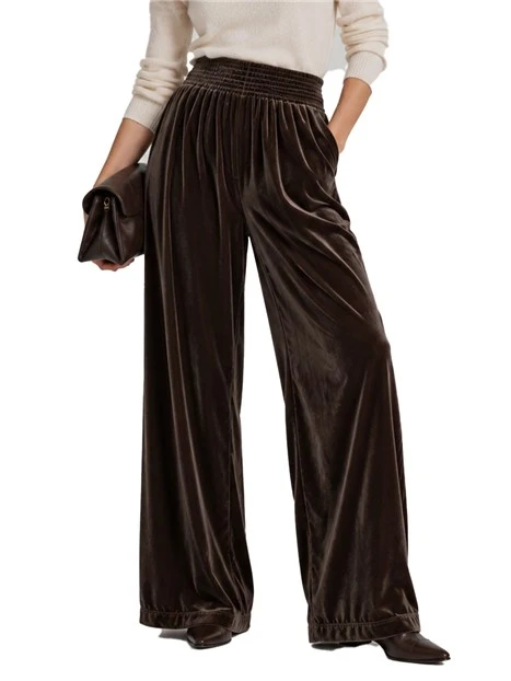 PANTALONI PALAZZO IN VELLUTO CON VITA SMOCK DONNA MARRONE