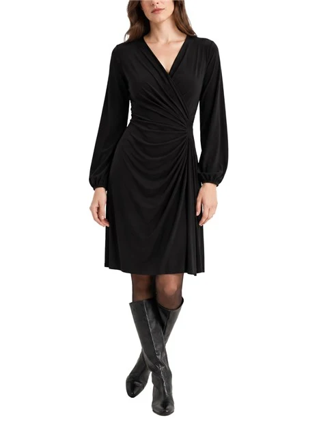 VESTITO CORTO INCROCIATO CON DRAPPEGGIO DONNA NERO