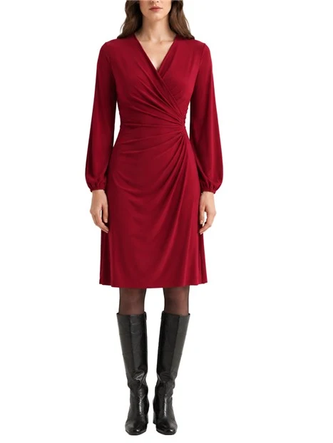 VESTITO CORTO INCROCIATO CON DRAPPEGGIO DONNA BORDEAUX