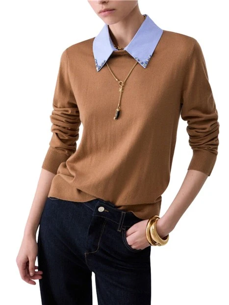 MAGLIA GIROCOLLO CON COLLETTO IN POPELINE DONNA BEIGE
