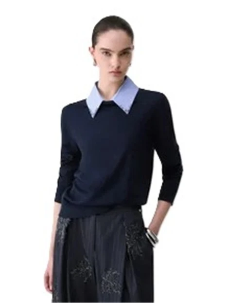 MAGLIA GIROCOLLO CON COLLETTO IN POPELINE DONNA BLU NOTTE