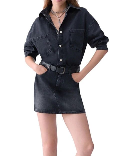 VESTITO CORTO IN DENIM CON CINTURA DONNA NERO DENIM