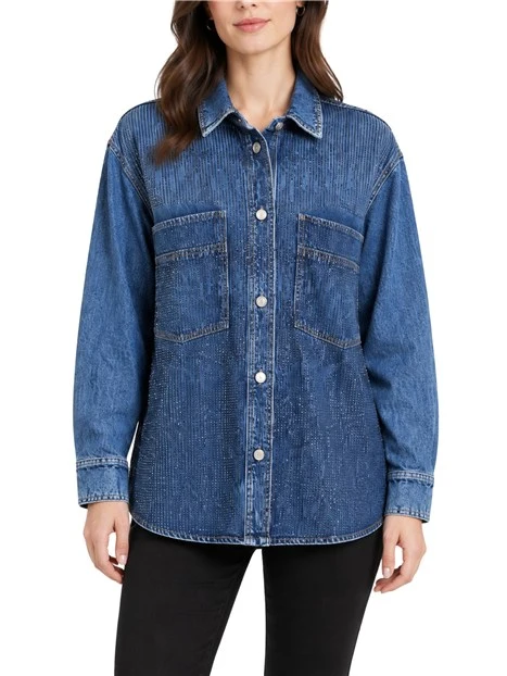 CAMICIA DENIM CON STRASS ANIMALIER DONNA BLU DENIM