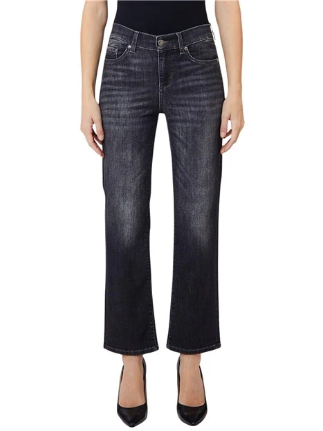JEANS CROPPED CON STRASS SU TASCHE POSTERIORI DONNA NERO DENIM