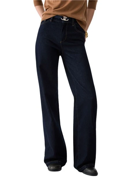 JEANS A ZAMPA CON CINTURA ABBINATA DONNA BLU SCURO DENIM