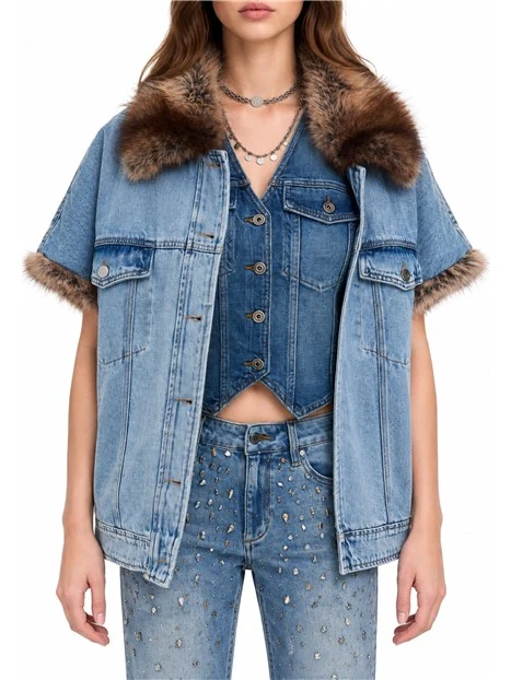 GILET IN DENIM CON COLLETTO IN PELLICCIA SINTETICA DONNA BLU