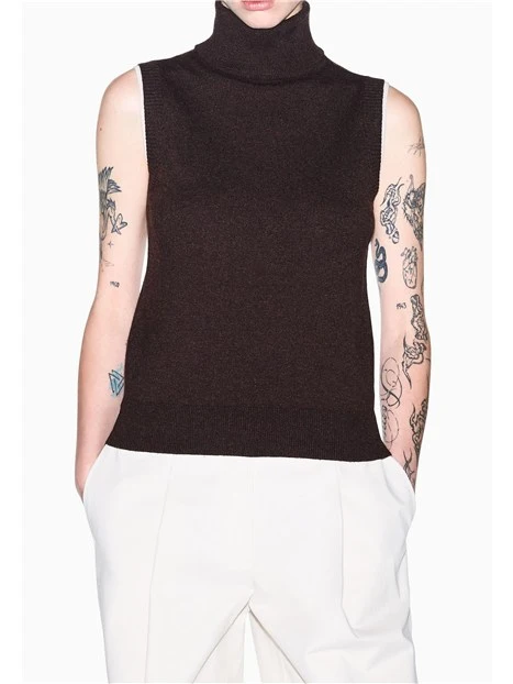 TOP IN MAGLIA CON COLLO ALTO SENZA MANICHE DONNA MARRONE