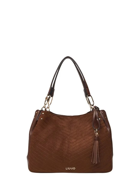 BORSA A SPALLA SATCHEL IN ECOCAMOSCIO TRAPUNTATO DONNA MARRONE