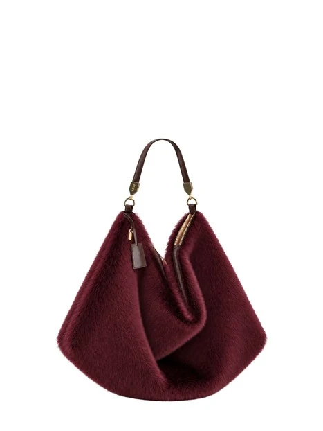 BORSA A SPALLA IN PELLICCIA SINTETICA A PELO LUNGO DONNA BORDEAUX