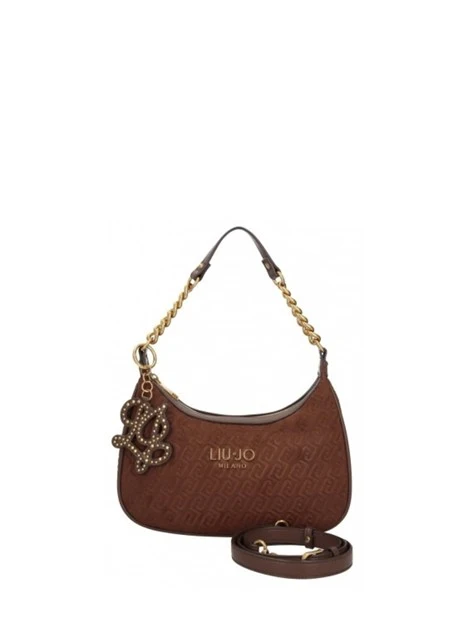 BORSA A SPALLA HOBO IN ECOCAMOSCIO CON MOTIVO LOGO DONNA MARRONE