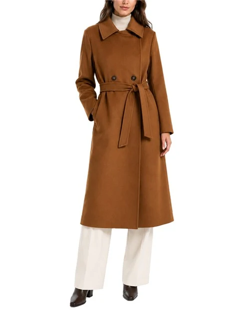 CAPPOTTO LUNGO IN LANA CON CINTURA E SPACCO SUL RETRO DONNA CUOIO