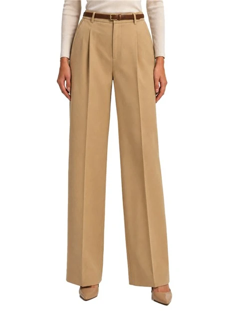 PANTALONI PALAZZO IN COTONE CRÊPE  E CINTURA DONNA BEIGE