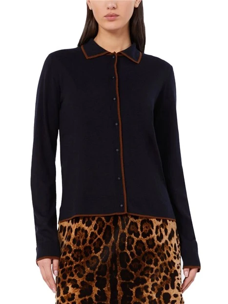 CARDIGAN IN LANA E SETA CON PROFILI A CONTRASTO DONNA BLU
