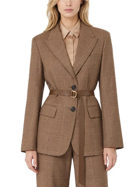 BLAZER MONOPETTO IN FLANELLA DI LANA CON CINTURA DONNA MARRONE
