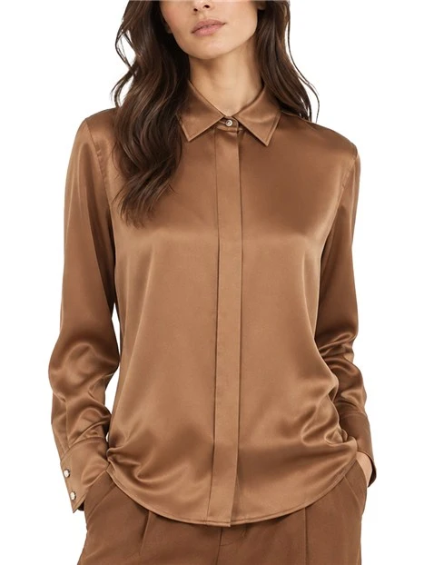 CAMICIA IN RASO DI PURA SETA CON BOTTONI GIOIELLO DONNA MARRONE
