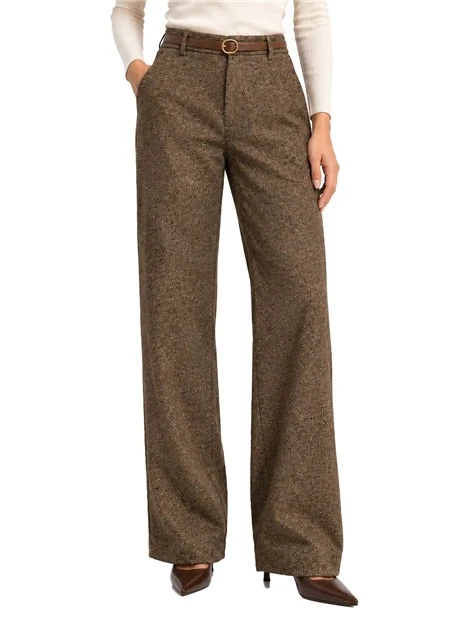 PANTALONI PALAZZO IN MISTO LANA E SETA CON CINTURA DONNA MARRONE