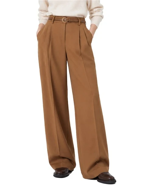 PANTALONI PALAZZO WIDE LEG IN PURA LANA CON CINTURA DONNA MARRONE