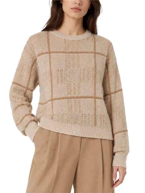 MAGLIA GIROCOLLO BOXY JACQUARD CHECK CON PAILLETTE DONNA BEIGE