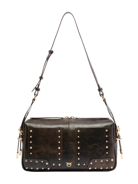 BORSA A MANO IN PELLE CON BORCHIE E TRACOLLA DONNA MARRONE SCURO