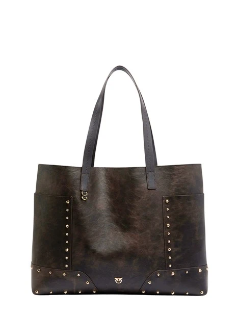 BORSA SHOPPING IN PELLE CON BORCHIE DONNA MARRONE SCURO