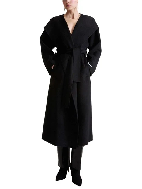 CAPPOTTO LUNGO IN PURA LANA VERGINE CON CINTURA E COLLO A SCIALLE DONNA NERO