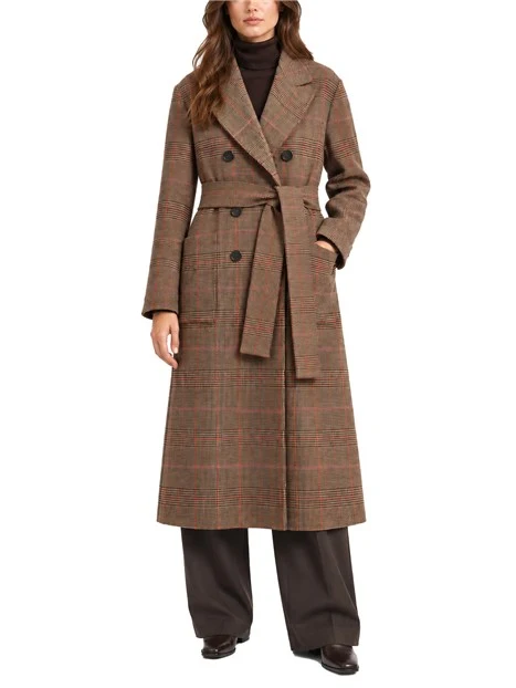 CAPPOTTO LUNGO DOPPIOPETTO IN MISTO LANA CHECK DONNA MARRONE