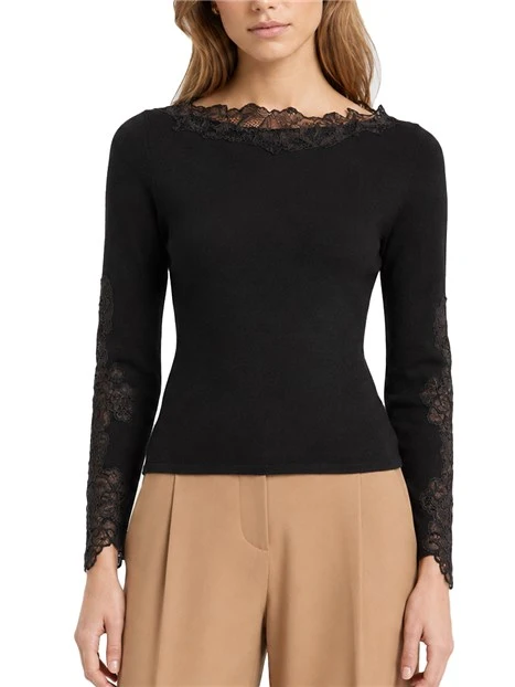 MAGLIA CON SCOLLO A BARCA IN MISTO LANA CON PIZZO- DONNA NERO
