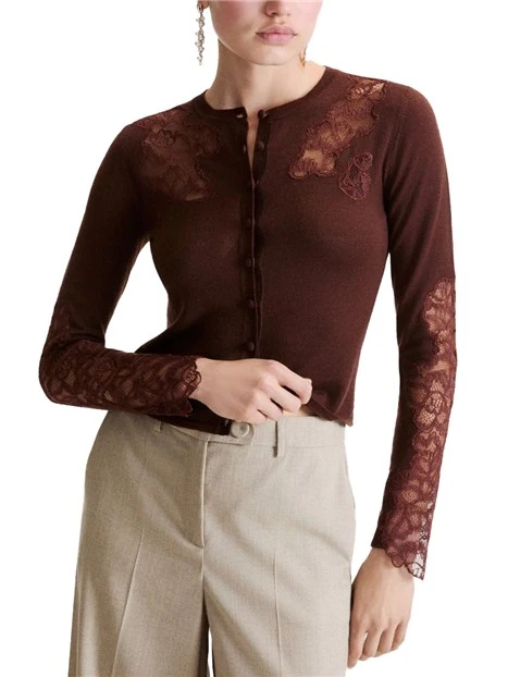 CARDIGAN IN MISTO LANA CON INSERTI IN PIZZO DONNA MARRONE
