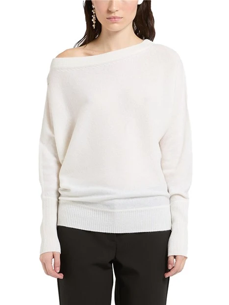 MAGLIA CON SCOLLO A BARCA IN PURO CASHMERE DONNA BIANCO