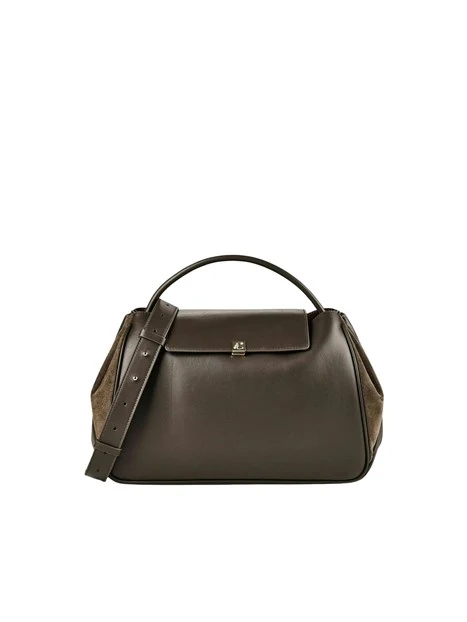BORSA A MANO IN PELLE CON INSERTI IN CAMOSCIO DONNA MARRONE