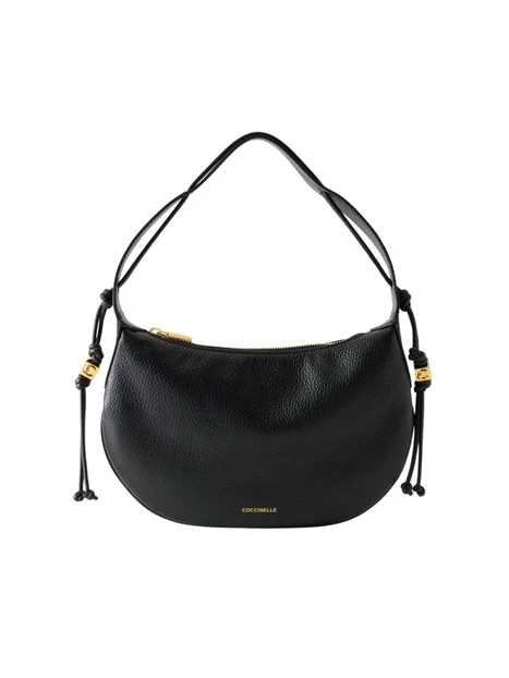 BORSA A SPALLA IN PELLE MARTELLATA CON LACCETTI DONNA NERO