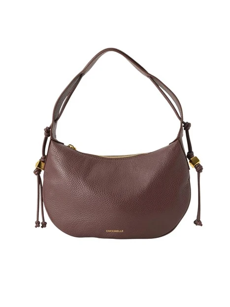 BORSA A SPALLA IN PELLE MARTELLATA CON LACCETTI DONNA MARRONE