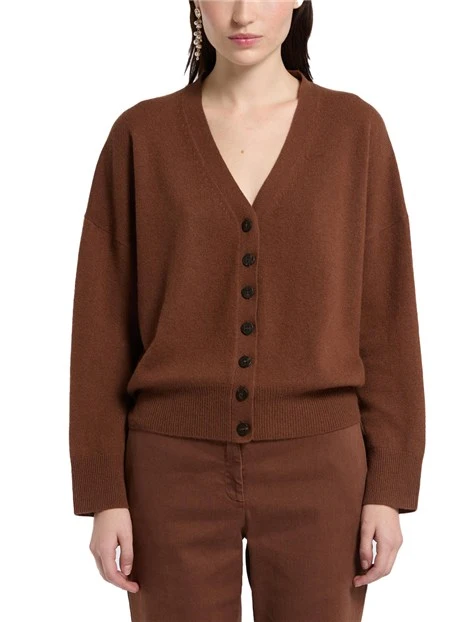 CARDIGAN IN PURO CASHMERE CON SCOLLO A V DONNA MARRONE
