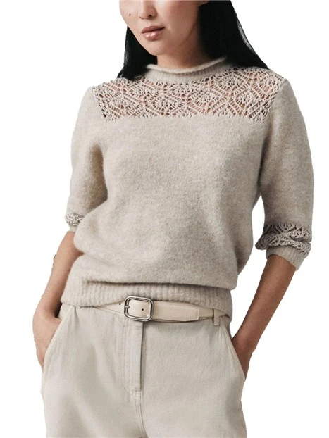 MAGLIA GIROCOLLO IN BABY ALPACA CON PIZZO DONNA BEIGE