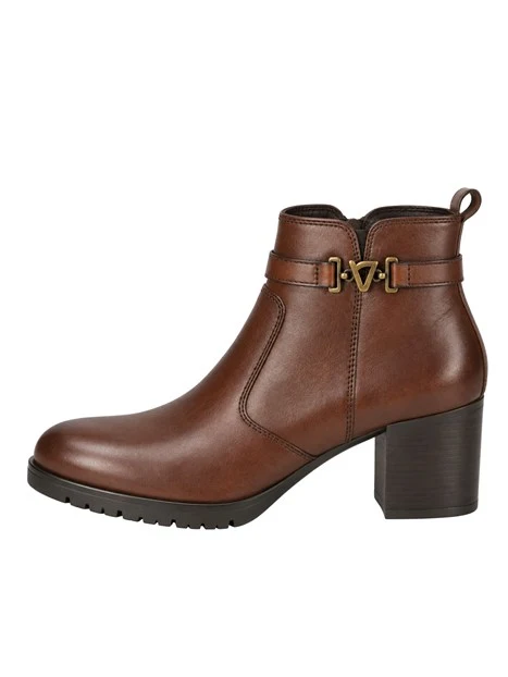 STIVALETTI TACCO ALTO IN PELLE CON CINTURINO E DETTAGLIO METALLICO DONNA MARRONE