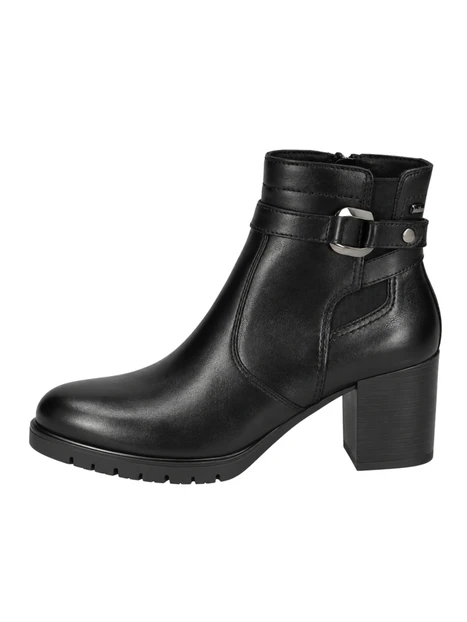 STIVALETTI TACCO ALTO IN PELLE CON CINTURINO E ANELLO METALLICO DONNA NERO