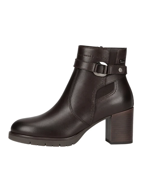 STIVALETTI TACCO ALTO IN PELLE CON CINTURINO E ANELLO METALLICO DONNA MARRONE