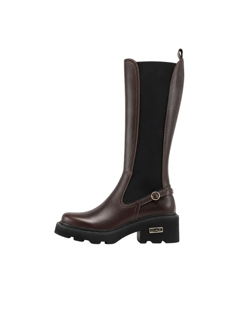 STIVALI TACCO ALTO IN PELLE CON INSERTO ELASTICO E CINTURINO DONNA MARRONE