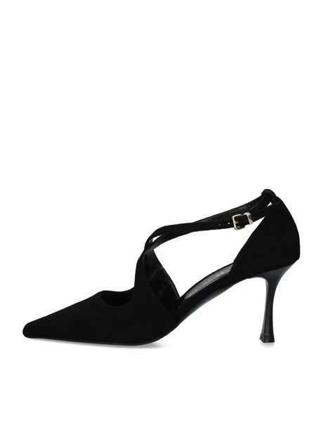 DÉCOLLETÉ IN PELLE SCAMOSCIATA CON CINTURINI INCROCIATI E TACCO 8 CM DONNA NERO