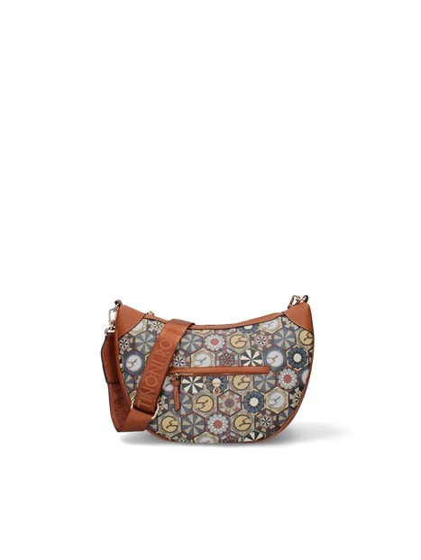 BORSA A SPALLA HOBO GRANDE CON STAMPA GEOMETRICA E TRACOLLA LOGATA DONNA MARRONE