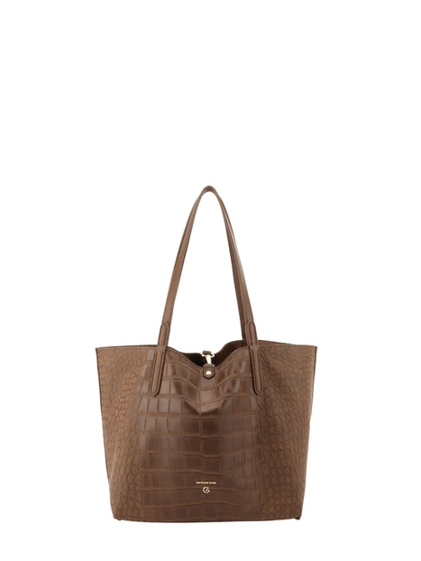 BORSA SHOPPING REVERSIBILE EFFETTO MARTELLATO E COCCODRILLO CON POCHETTE DONNA MARRONE