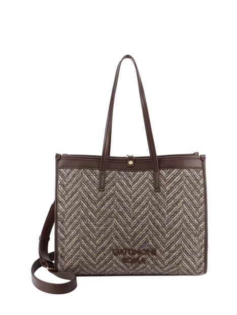 BORSA SHOPPING IN TESSUTO SPIGATO CON POCHETTE E TRACOLLA DONNA MARRONE