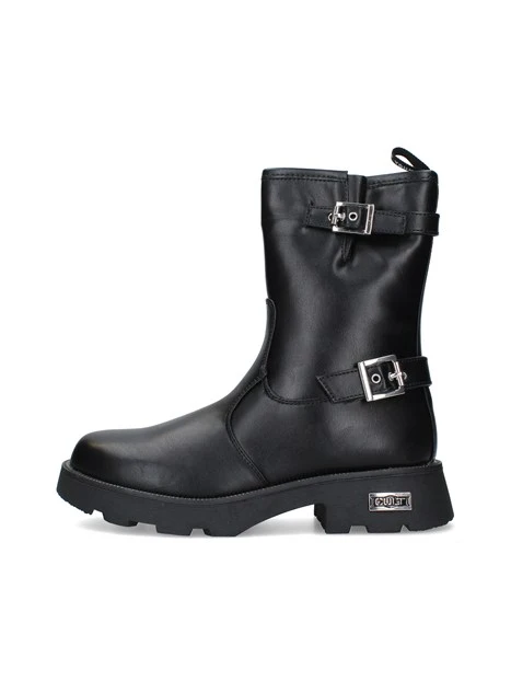 STIVALETTI TACCO BASSO BIKER CON DOPPIA FIBBIA E SUOLA CARRARMATO DONNA NERO