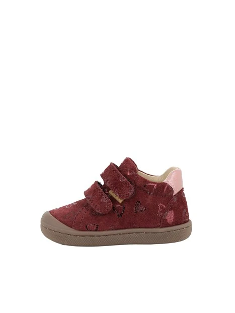 SNEAKERS BASSE IN CAMOSCIO CON CUORI E DOPPIO STRAP BAMBINA BORDEAUX