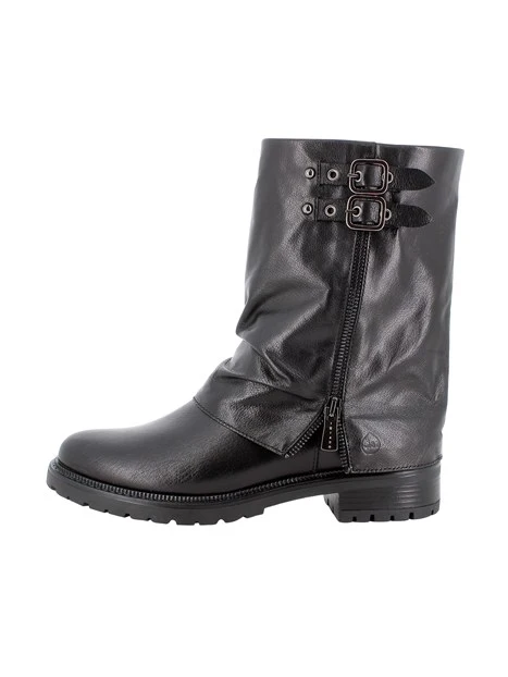 STIVALETTI TACCO BASSO IN PELLE CON FIBBIE DONNA NERO